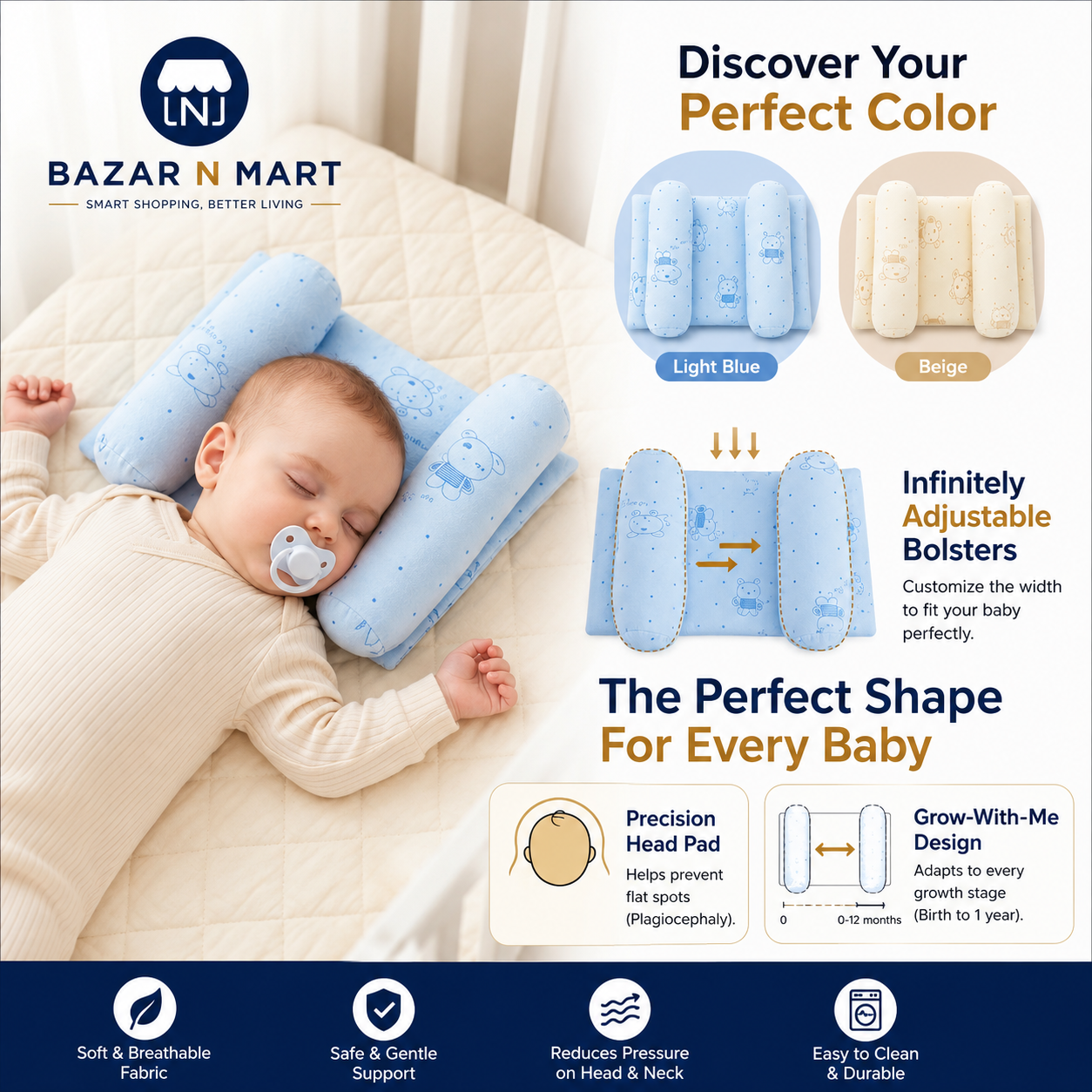 Premium Adjustable Baby Head Shaping Pillow Soft • Breathable • Anti-Flat Head • Adjustable Support